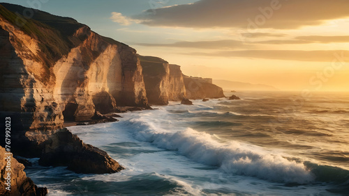 Photo real for Coastal cliffs at sunset with waves crashing below in Summer Season theme ,Full depth of field, clean bright tone, high quality ,include copy space, No noise, creative idea
