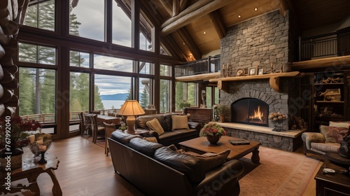Log cabin great room with soaring timber ceilings, stone fireplace, and cozy window seats