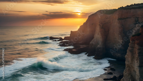 Photo real for Coastal cliffs at sunset with waves crashing below in Summer Season theme ,Full depth of field, clean bright tone, high quality ,include copy space, No noise, creative idea