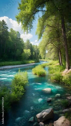 Photo real for Crystal clear river winding through a summer forest in Summer Season theme ,Full depth of field, clean bright tone, high quality ,include copy space, No noise, creative idea