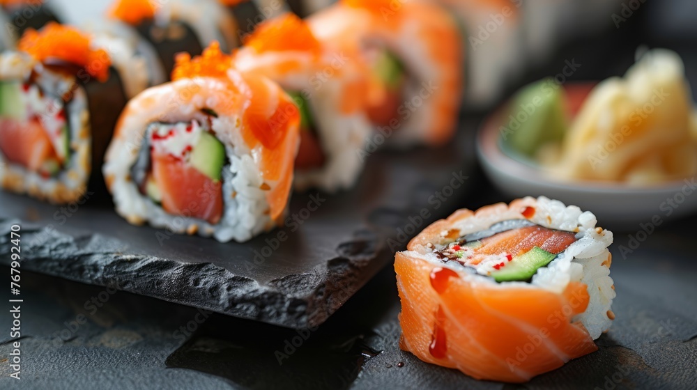 Traditional japanese Sushi roll set with salmon, avocado, cucumber and cream cheese on black stone background Traditional japanese Sushi roll set with salmon, avocado, cucumber and cream cheese on black stone background