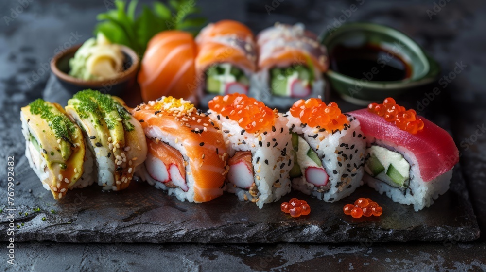 Traditional japanese Sushi roll set with salmon, avocado, cucumber and cream cheese on black stone background Traditional japanese Sushi roll set with salmon, avocado, cucumber and cream cheese on black stone background