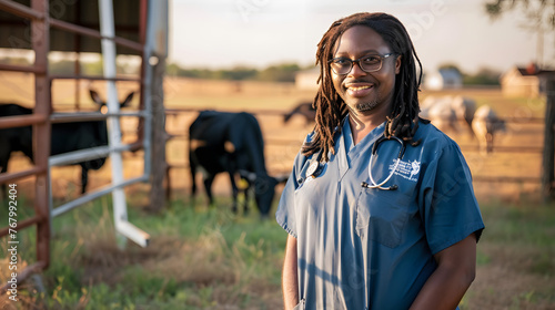 Black veterinarian on farm to check animals