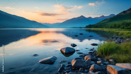 Photo real for Dawn breaking over a serene mountain lake in Summer Season theme ,Full depth of field, clean bright tone, high quality ,include copy space, No noise, creative idea