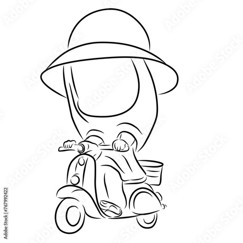 sketch of  hijab girl  riding a scooter