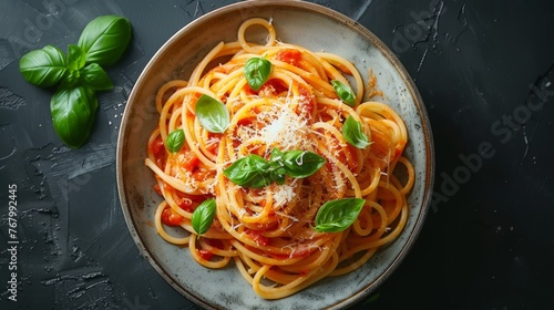 Tasty Spaghetti pasta with tomato sauce, parmesan cheese and basil on plate, closeup