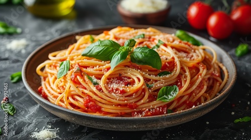 Tasty Spaghetti pasta with tomato sauce, parmesan cheese and basil on plate, closeup