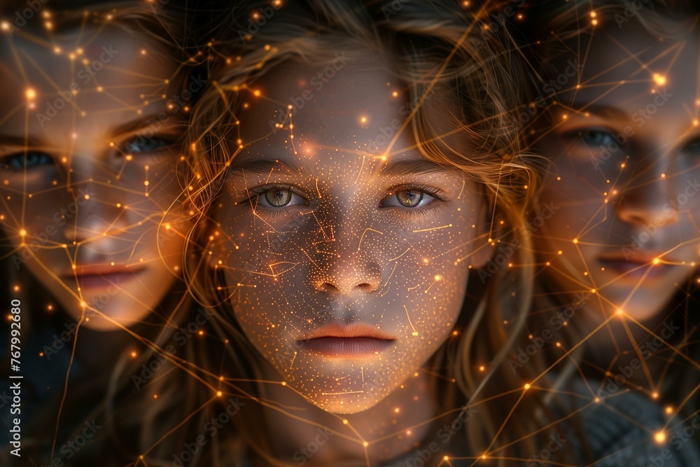 Portrait of Girl with Glowing Golden Sparkles