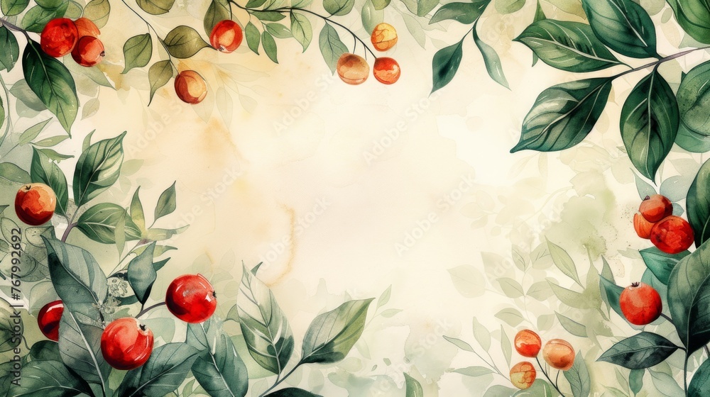 Watercolor background with leaves. Flat lay, top view, copy space. retro vintage style and soft focus. Watercolor background with leaves. Flat lay, top view, copy space. retro vintage style and soft focus.