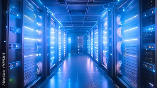 The blue room is filled with a massive supercomputer, a colossal server its powerful presence overseeing the complex operations of the digital world. Generative AI photo