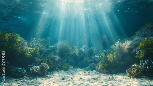 Underwater background featuring a deep blue sea with beautiful light rays piercing through the water © nataliia_ptashka