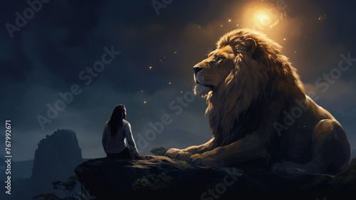 Naklejka The lions lying docilely beside Daniel as he offers his prayers, depicting the profound tranquility and serenity that emanate from a steadfast connection to the divine
