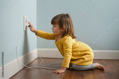 Little girl playing with electrical wires and shoving objects into wall socket, danger of electric shock