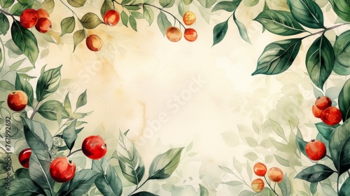 Watercolor background with leaves. Flat lay, top view, copy space. retro vintage style and soft focus.