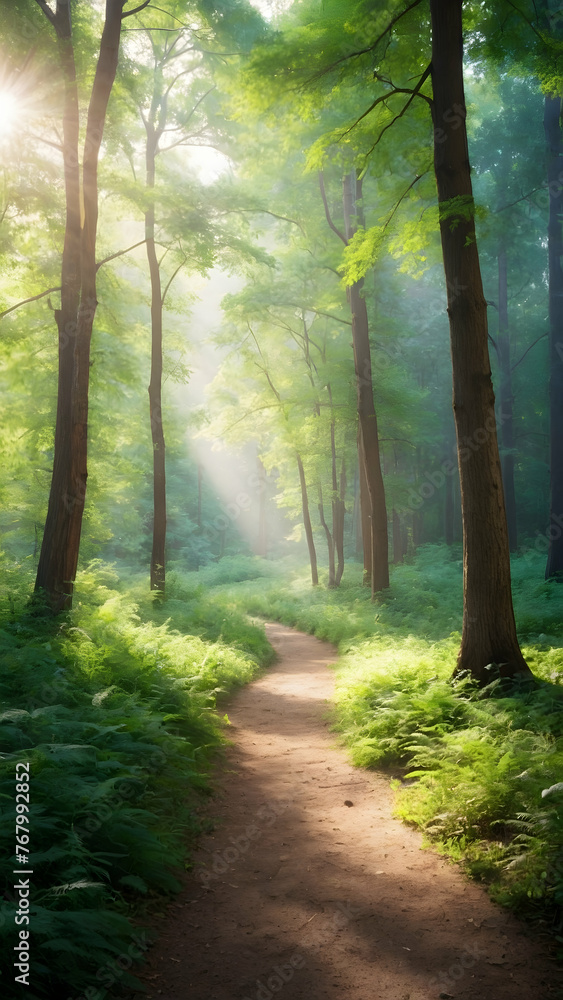 Photo real for Lush green forest path dappled with sunlight in Summer Season theme ,Full depth of field, clean bright tone, high quality ,include copy space, No noise, creative idea