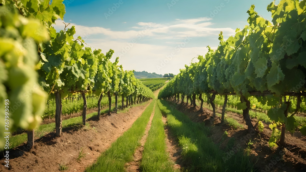 Photo real for Lush green vineyard rows under the bright summer sun in Summer Season theme ,Full depth of field, clean bright tone, high quality ,include copy space, No noise, creative idea