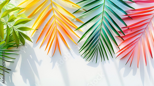 A playful and bright summer concept featuring illustrated palm leaves in a spectrum of tropical colors arranged on a crisp white background for a fresh