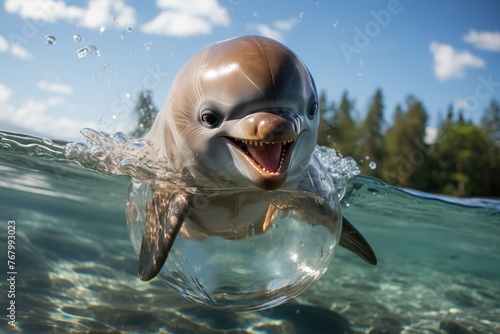 Joyful dolphin playing with ball in the water., generative IA