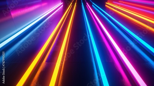 Colorful neon lights form dynamic lines on a smooth, dark surface, reflecting a futuristic energy.