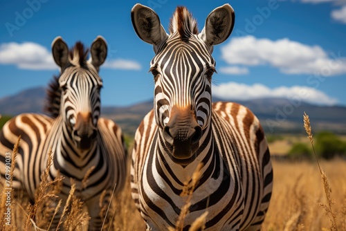 Zebras grazing in an African savannah under the sun.  generative IA