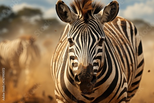 Zebra graphically troting in the Poeirent Savana.  generative IA