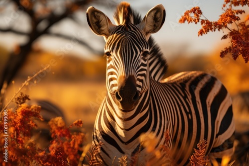 Zebra rests under tree in the African savannah.  generative IA
