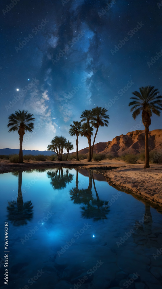 Photo real for Night sky reflecting on a calm desert oasis in Summer Season theme ,Full depth of field, clean bright tone, high quality ,include copy space, No noise, creative idea