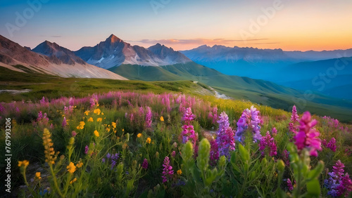 Photo real for Mountain range with wildflowers blooming in the summer in Summer Season theme ,Full depth of field, clean bright tone, high quality ,include copy space, No noise, creative idea