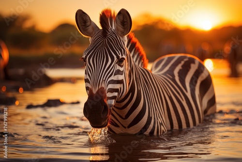 Zebra drinking water in a river during migration.  generative IA