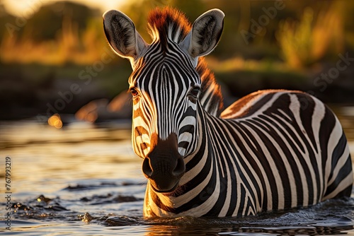 Zebra drinking water in a river during migration.  generative IA