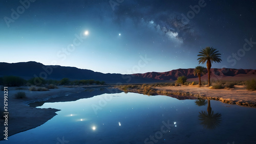 Photo real for Night sky reflecting on a calm desert oasis in Summer Season theme ,Full depth of field, clean bright tone, high quality ,include copy space, No noise, creative idea © Gohgah
