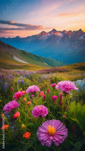 Photo real for Mountain range with wildflowers blooming in the summer in Summer Season theme  Full depth of field  clean bright tone  high quality  include copy space  No noise  creative idea