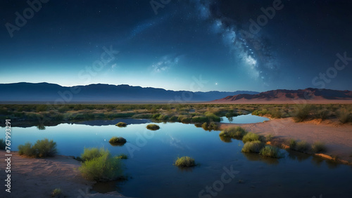 Photo real for Night sky reflecting on a calm desert oasis in Summer Season theme ,Full depth of field, clean bright tone, high quality ,include copy space, No noise, creative idea