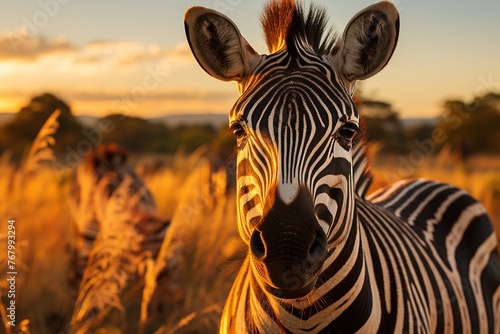Elegant zebra in safari with amazed tourists.  generative IA