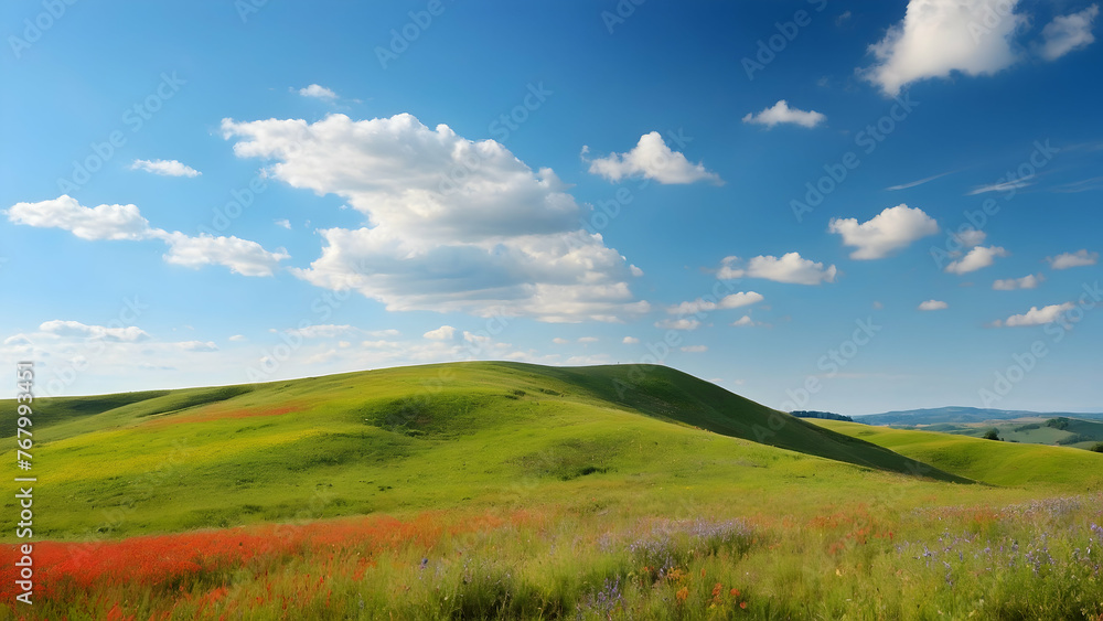 Photo real for Rolling hills with summer wildflowers and a clear blue sky in Summer Season theme ,Full depth of field, clean bright tone, high quality ,include copy space, No noise, creative idea Photo real for Rolling hills with summer wildflowers and a clear blue sky in Summer Season theme ,Full depth of field, clean bright tone, high quality ,include copy space, No noise, creative idea
