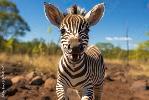 Zebra baby has fun with her pack.  generative IA