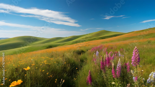 Photo real for Rolling hills with summer wildflowers and a clear blue sky in Summer Season theme ,Full depth of field, clean bright tone, high quality ,include copy space, No noise, creative idea photo