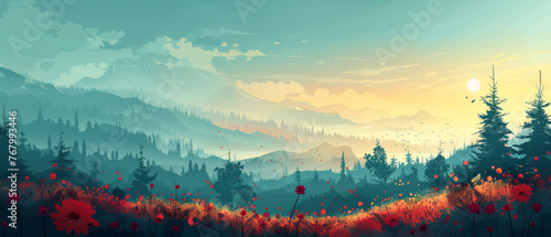 Artistic representation of a sunrise over a misty mountain forest with wildflowers and soaring birds.