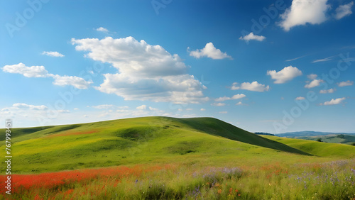 Photo real for Rolling hills with summer wildflowers and a clear blue sky in Summer Season theme  Full depth of field  clean bright tone  high quality  include copy space  No noise  creative idea