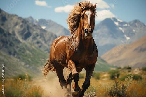 Wild horse in mountainous landscape., generative IA photo