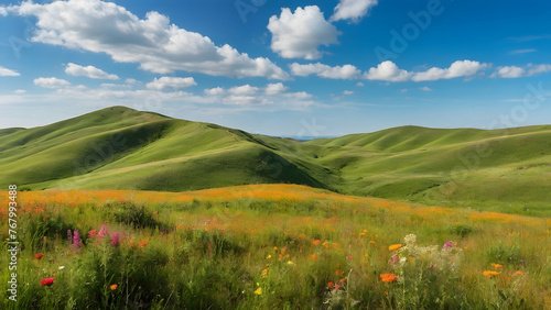Photo real for Rolling hills with summer wildflowers and a clear blue sky in Summer Season theme ,Full depth of field, clean bright tone, high quality ,include copy space, No noise, creative idea