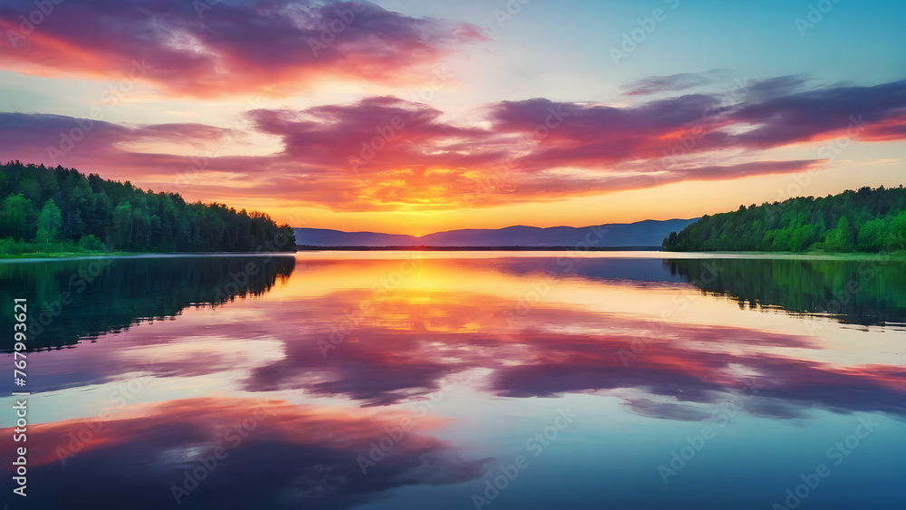 Photo real for Serene lake reflecting the vibrant colors of a summer sunset in Summer Season theme ,Full depth of field, clean bright tone, high quality ,include copy space, No noise, creative idea