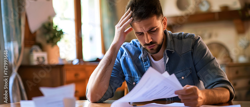 Upset business owner reading negative mail, concerned about taxes, debt, and money issues.