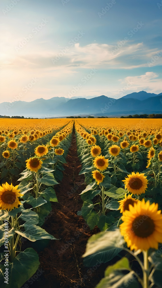 Photo real for Sunflower field with a backdrop of mountains in the late summer in Summer Season theme ,Full depth of field, clean bright tone, high quality ,include copy space, No noise, creative idea