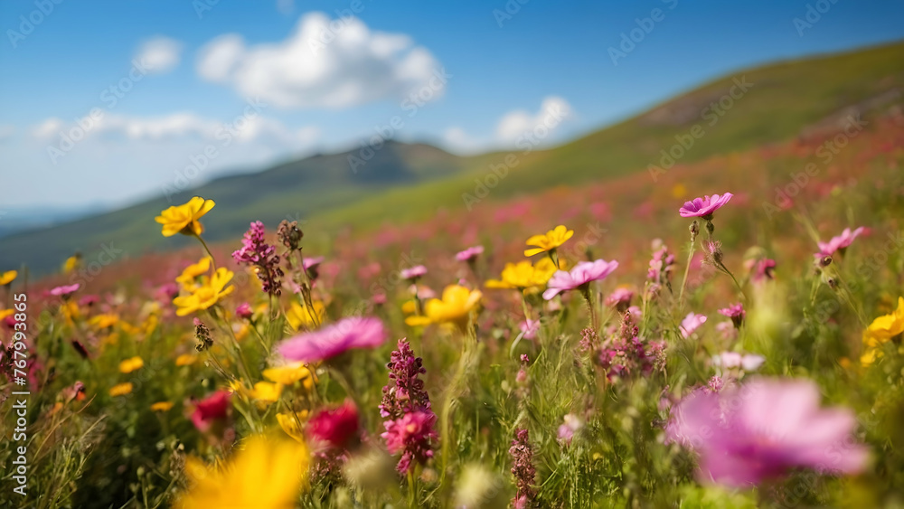 Photo real for Wildflowers blooming on a sunny hillside in Summer Season theme ,Full depth of field, clean bright tone, high quality ,include copy space, No noise, creative idea Photo real for Wildflowers blooming on a sunny hillside in Summer Season theme ,Full depth of field, clean bright tone, high quality ,include copy space, No noise, creative idea