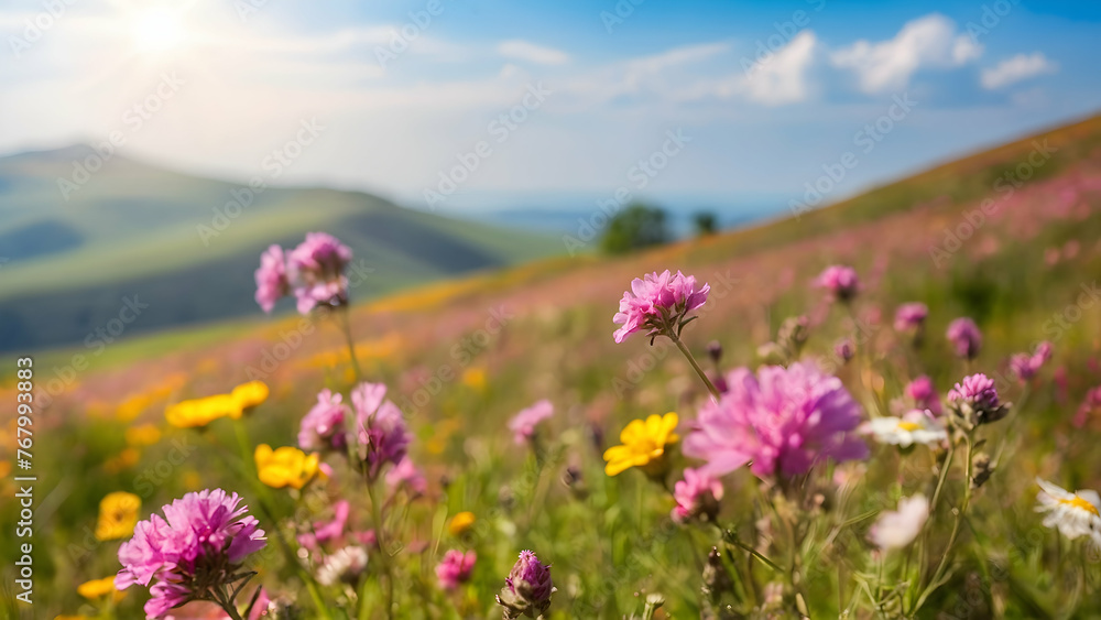 Photo real for Wildflowers blooming on a sunny hillside in Summer Season theme ,Full depth of field, clean bright tone, high quality ,include copy space, No noise, creative idea Photo real for Wildflowers blooming on a sunny hillside in Summer Season theme ,Full depth of field, clean bright tone, high quality ,include copy space, No noise, creative idea