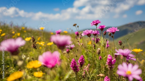 Photo real for Wildflowers blooming on a sunny hillside in Summer Season theme ,Full depth of field, clean bright tone, high quality ,include copy space, No noise, creative idea