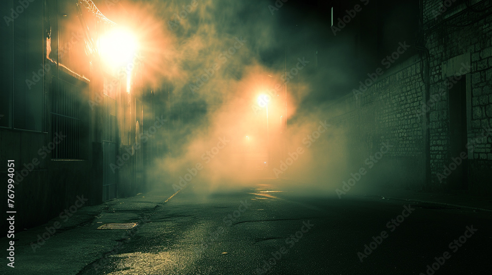 Abstract light in a dark empty street with smoke, smog. Generative Ai