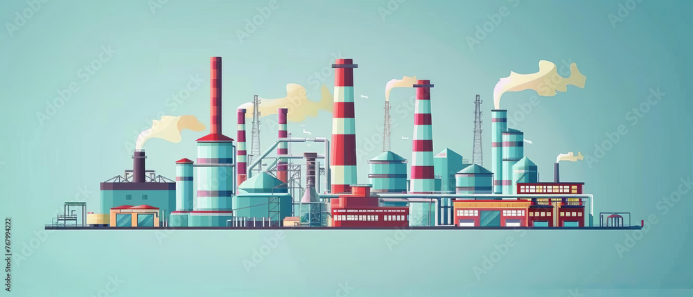 Stylized digital illustration portraying an industrial factory landscape with colorful buildings and smokestacks.