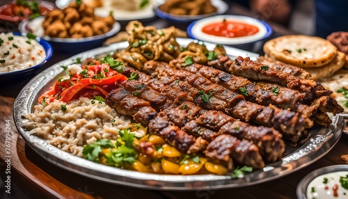 Arabic grilled arabic food dishes kebab, dolma, mansaf, shawarma Turkish and Arabic Traditional Ramadan Mix Vali Kebab Plate inside Adana, Urfa, Chicken, Lamb, Liver and Beef on bread on table
 photo